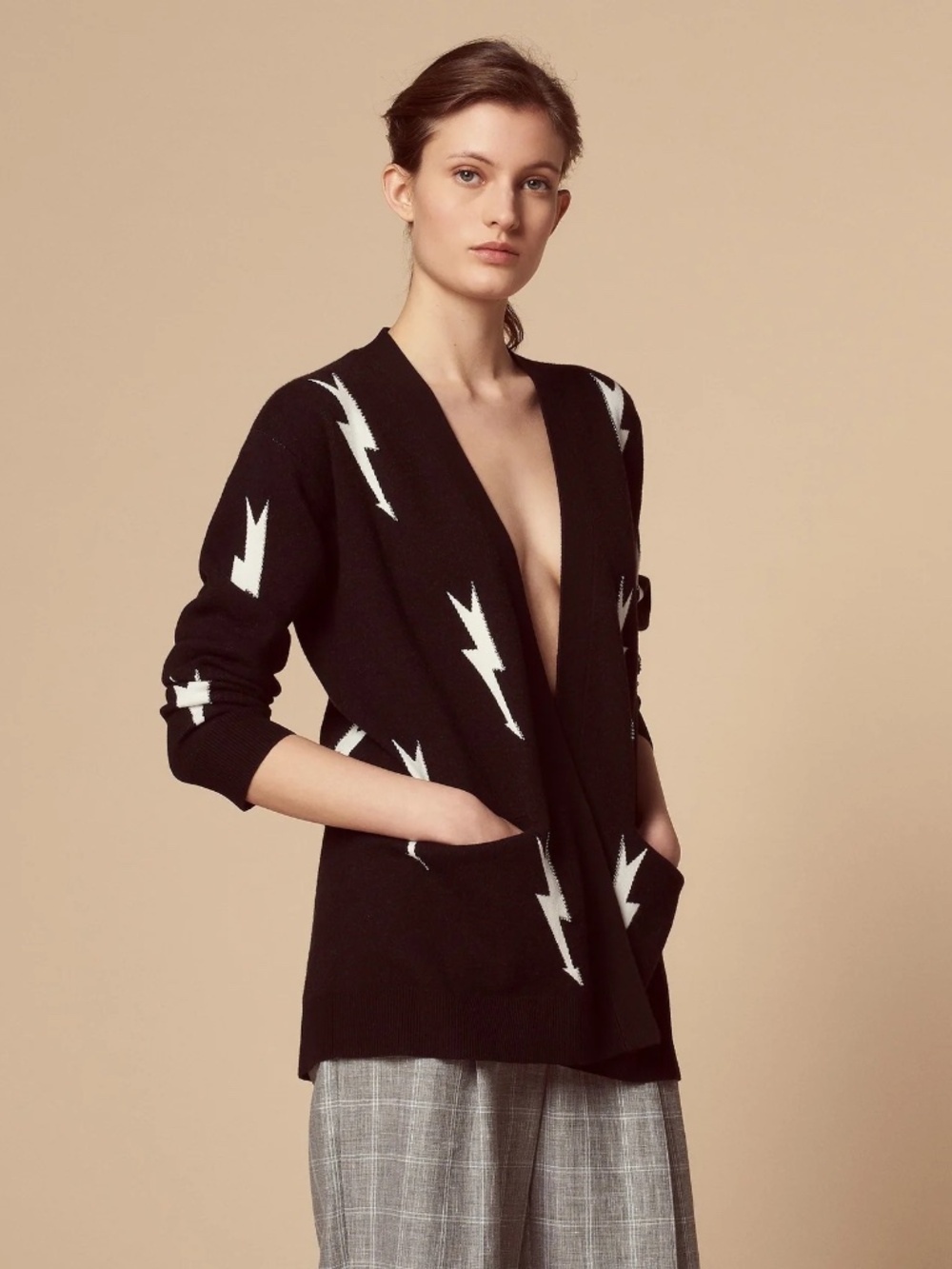 Sandro Paris Lightning Bolt Open Front Sweater Cardigan in Black & White Sz 1/M